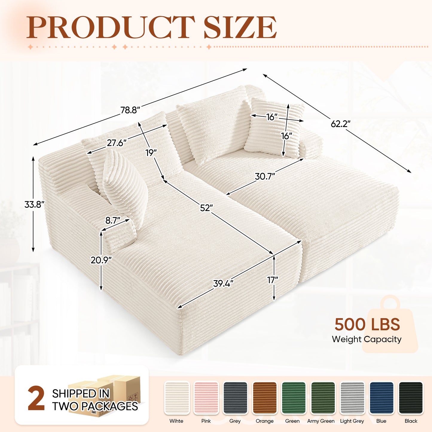 Muumblus Oversized Double Chaise Lounge Chair, Modern Indoor Boneless Cloud Sofa, Plush Corduroy Upholstered Modural Sectional Sleeper Couch for Living Room Apartment