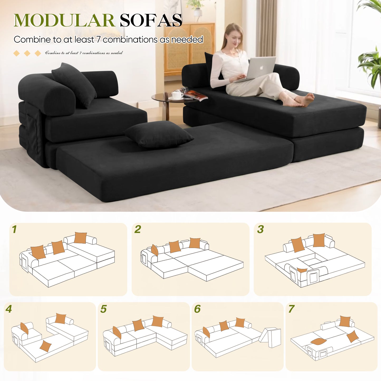 Muumblus L-Shape Convertible Floor Sofa Bed, Comfy Foldable Modular Sleeper Sectional Couch for Living Room, Bedroom