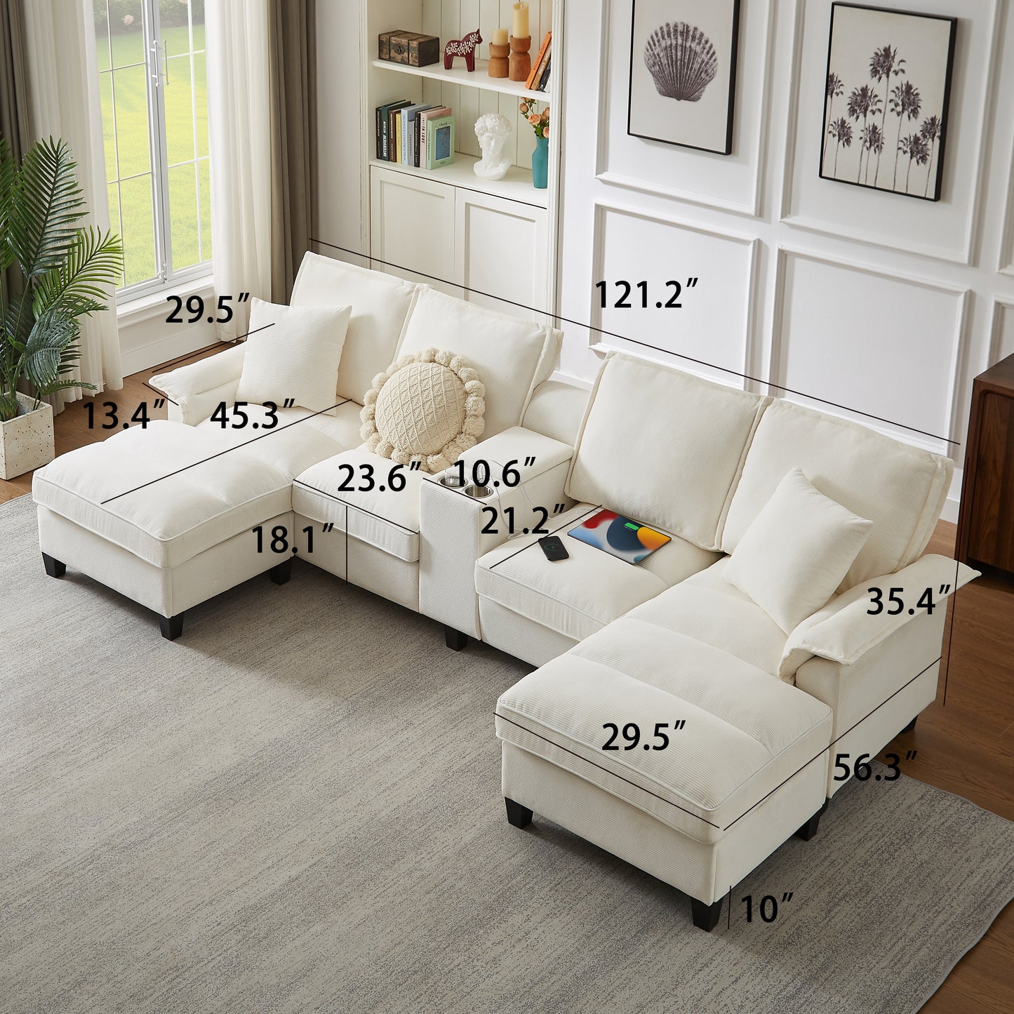 Muumblus 120" U-Shaped Sectional Sofa with USB & Storage, Living Room 4-Seater Couch with Double Chaise Lounge, Cup Holders, Beige Corduroy