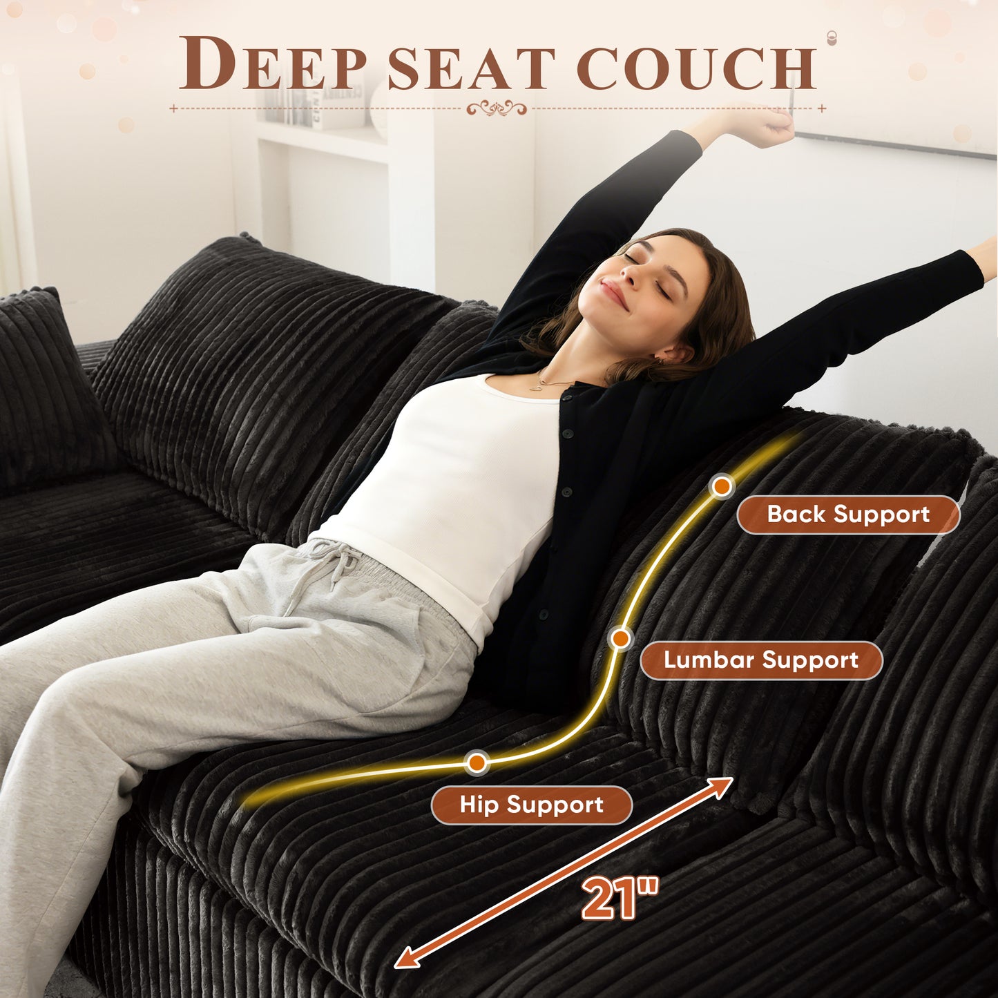 Muumblus 78" Oversized Boneless Loveseat Sofa, No Assembly Deep Seat Plush Corduroy Cloud Couch, Sleeper Sofa for Living Room, Black