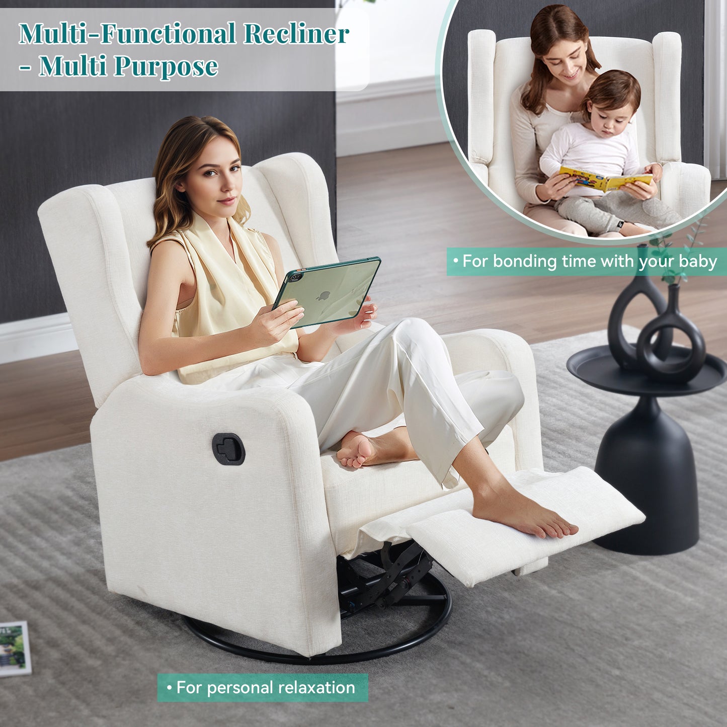 Muumblus Wingback Swivel Recliner, Glider Rocking Chair for Living Room, Nursery Rocker, Beige Chenille