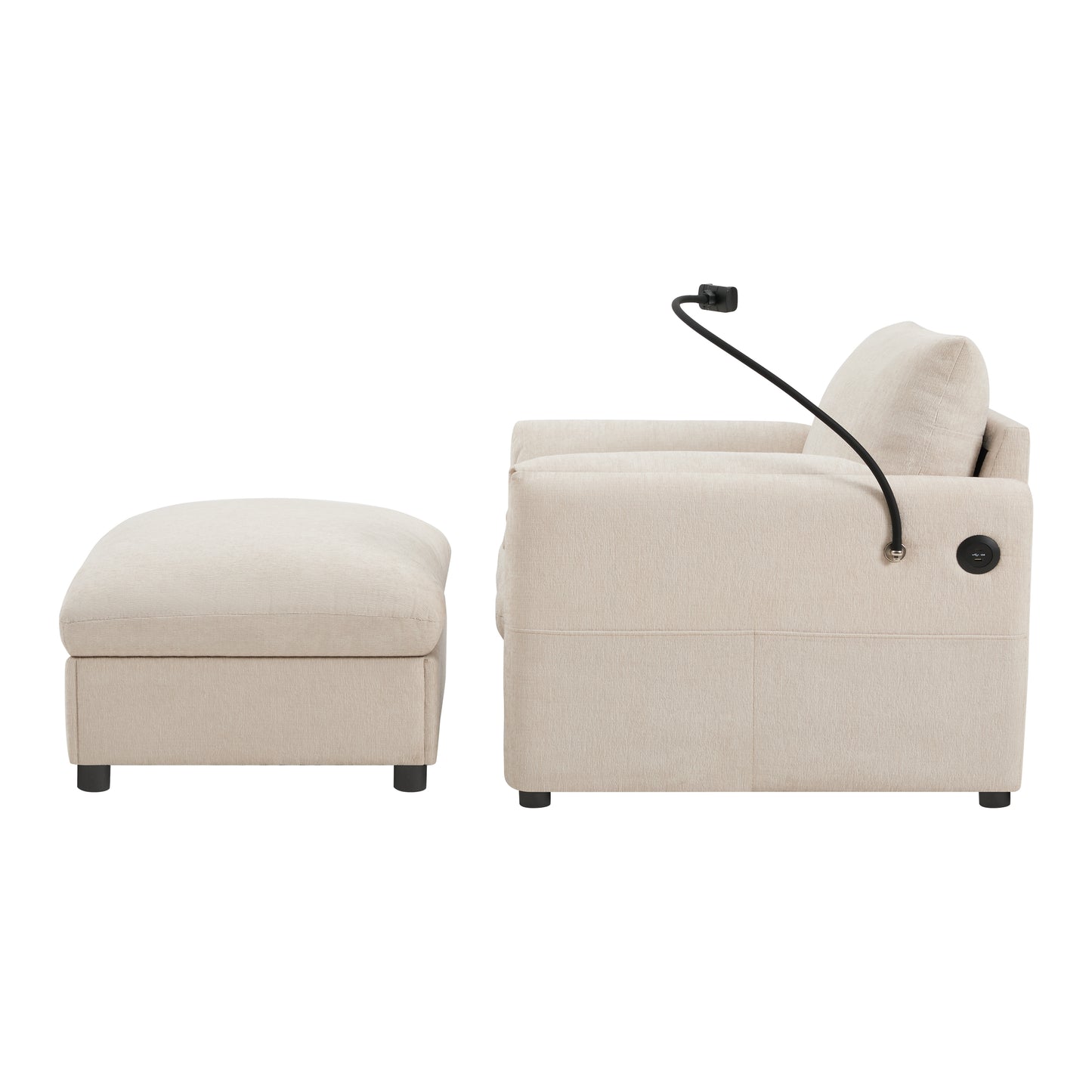 Muumblus Accent Armchair with USB & Phone Stand, Lounge Chair with Storage Ottoman, Indoor Chaise Lounge, Cozy Single Sofa for Living Room, Apt, Beige Chenille