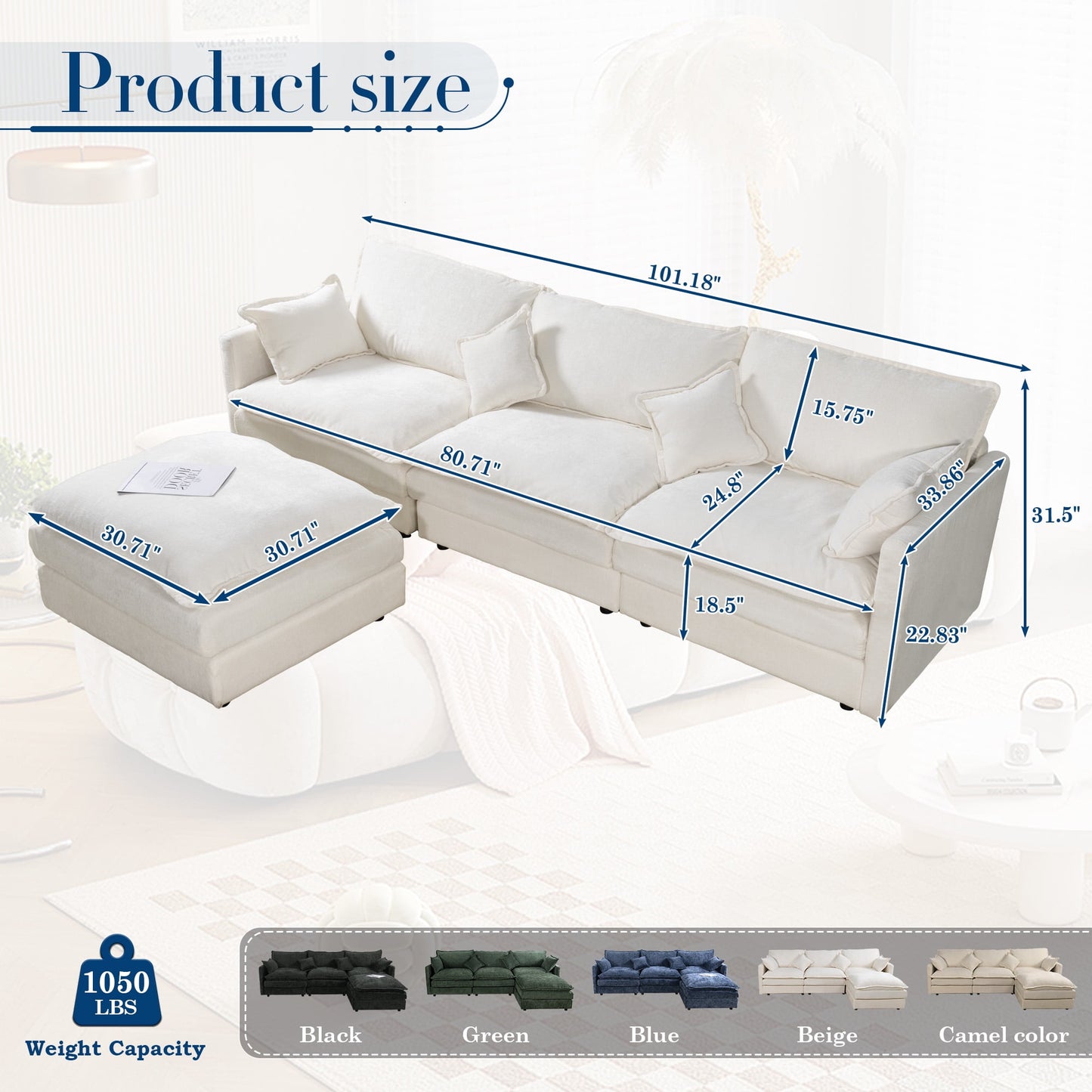 Muumblus Sectional Sofa Cloud Couch with Reversible Ottoman, L-Shaped Chenille Sofa for Living Rooms, Beige