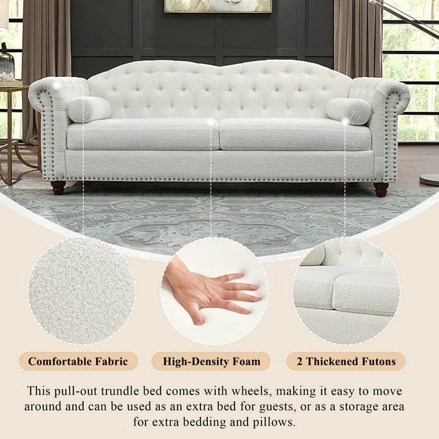 Muumblus 3 Seater Sofa, Chesterfield Sofa with Nailhead Accent Scrolled Arms, 81" Tufted Upholstered Sofa Couch for Living Room, White, Sherpa