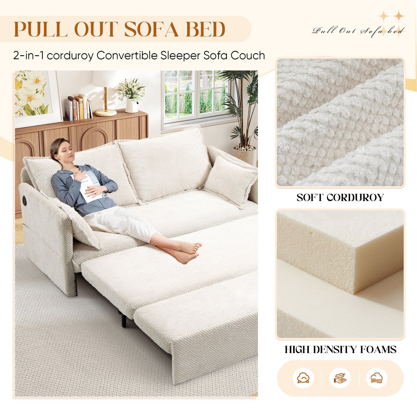 Muumblus Futon Sofa Bed, Convertible Couch Bed with USB, Corduroy Loveseat Sleeper for Small Spaces, Beige