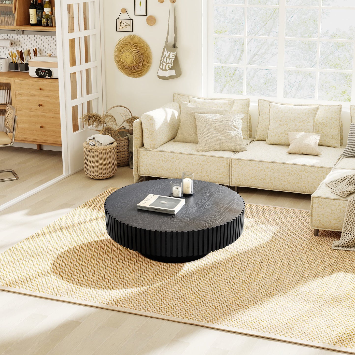 Muumblus Round Wood Coffee Table, Modern Unique Fluted Accent Center Table for Living Room, Black