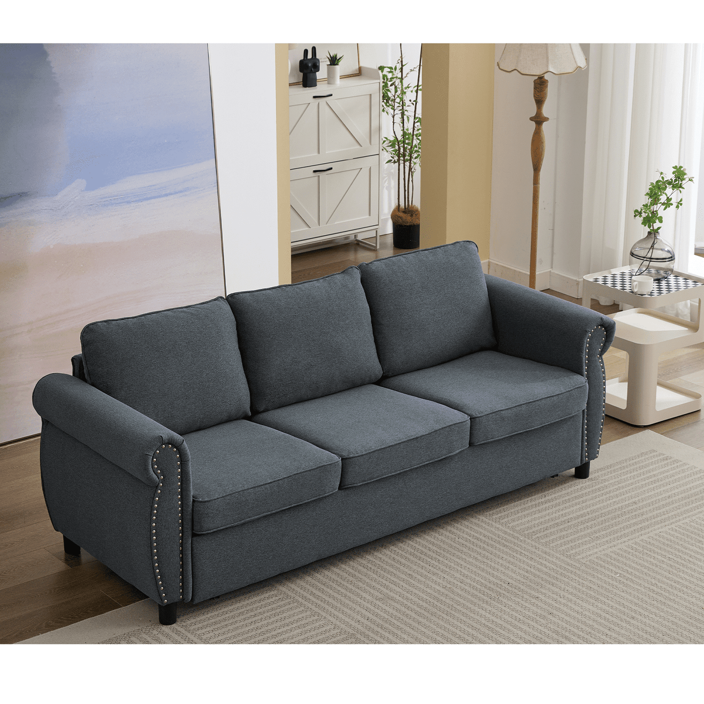 Muumblus Queen Size Pull Out Sofa Bed, 2-in-1 Convertible Sleeper Couches with Memory Foam Mattress, 3 Seat Sleeper Couch Beds for Living Room, Dark Gray