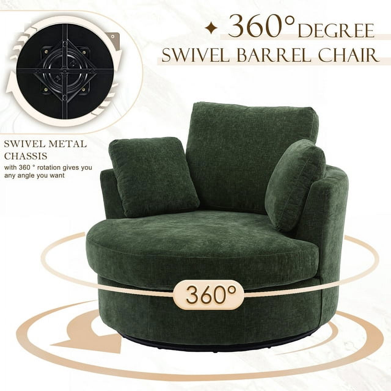 Muumblus 42.2"W Chenille Swivel Chair, Modern Oversize Accent Chair Barrel Chair Club Armchair Comfy Chair for Bedroom Living Room, Green