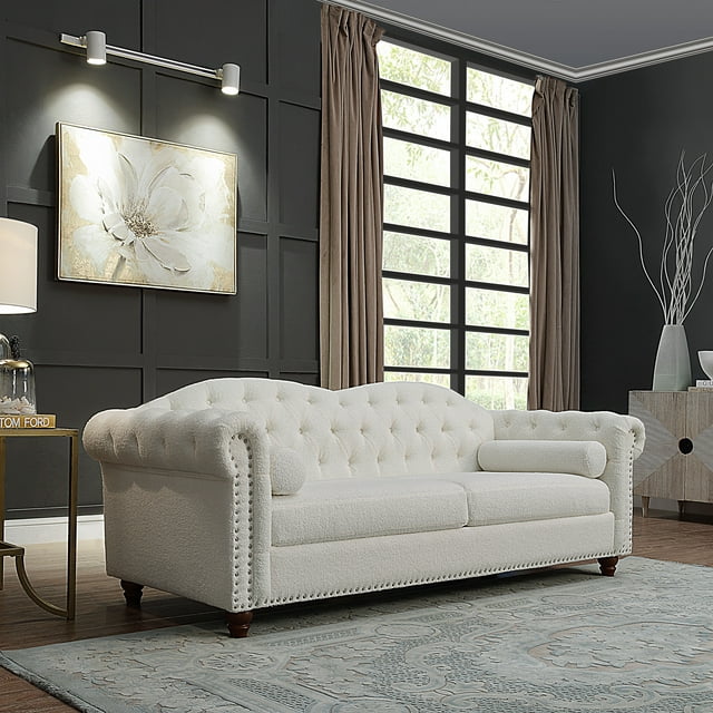 Muumblus 3 Seater Sofa, Chesterfield Sofa with Nailhead Accent Scrolled Arms, 81" Tufted Upholstered Sofa Couch for Living Room, White, Sherpa