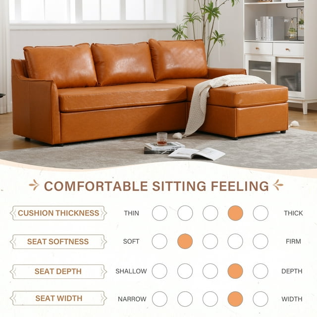 Muumblus 80.7" Modern Mid-Century Faux Leather Reversible Sectional L-Shaped Sofa for Living Room, Brown