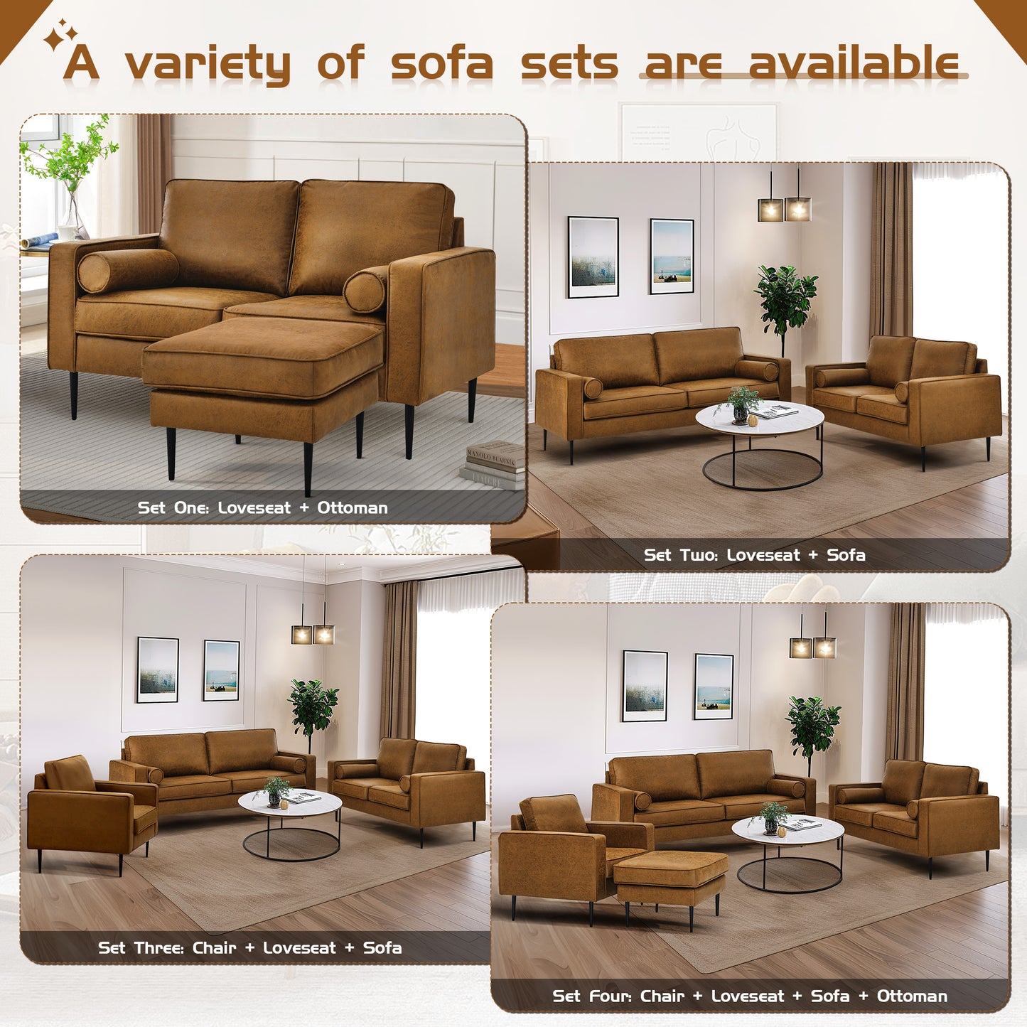 Muumblus Living Room Sectional Sofa with Chaise, L-Shaped Small Couch with Ottoman, Brown Faux Leather