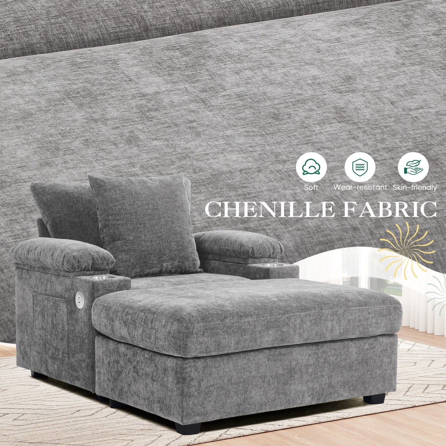 Muumblus Accent Chair with USB & Storage Arms, Cozy Indoor Lounge Chair with Ottoman