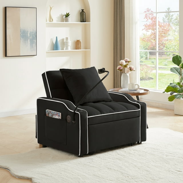 Muumblus Sleeper Sofa Chair Bed with Swivel Phone Stand, Cup Holders, 3-in-1 Convertible Pull Out Sofa Bed for Living Room, Black Velvet
