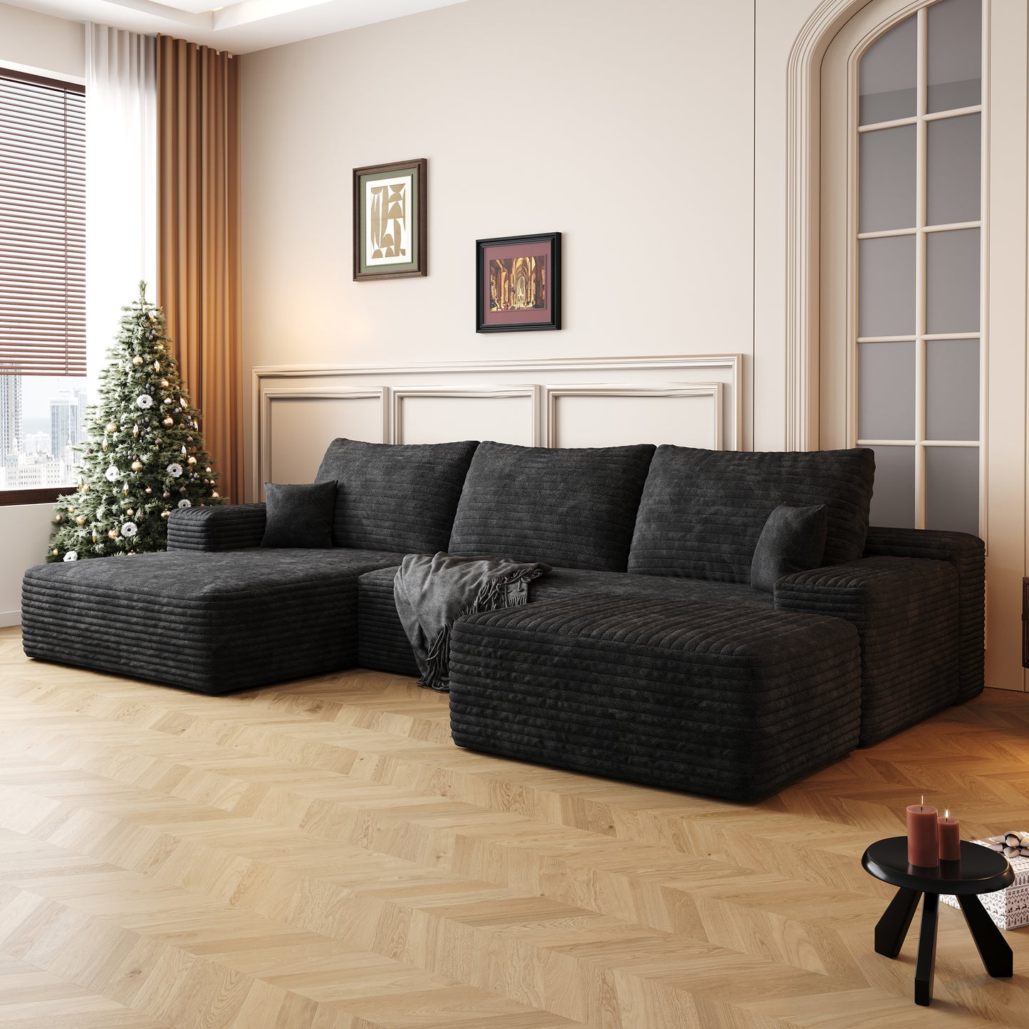 Muumblus 107" Cloud Sectional Sofa with Left Chaise, Cozy U-Shaped Modular Sofa with Ottoman, Plush Corduroy Sleeper Bed Couch, No Assembly Required, Black