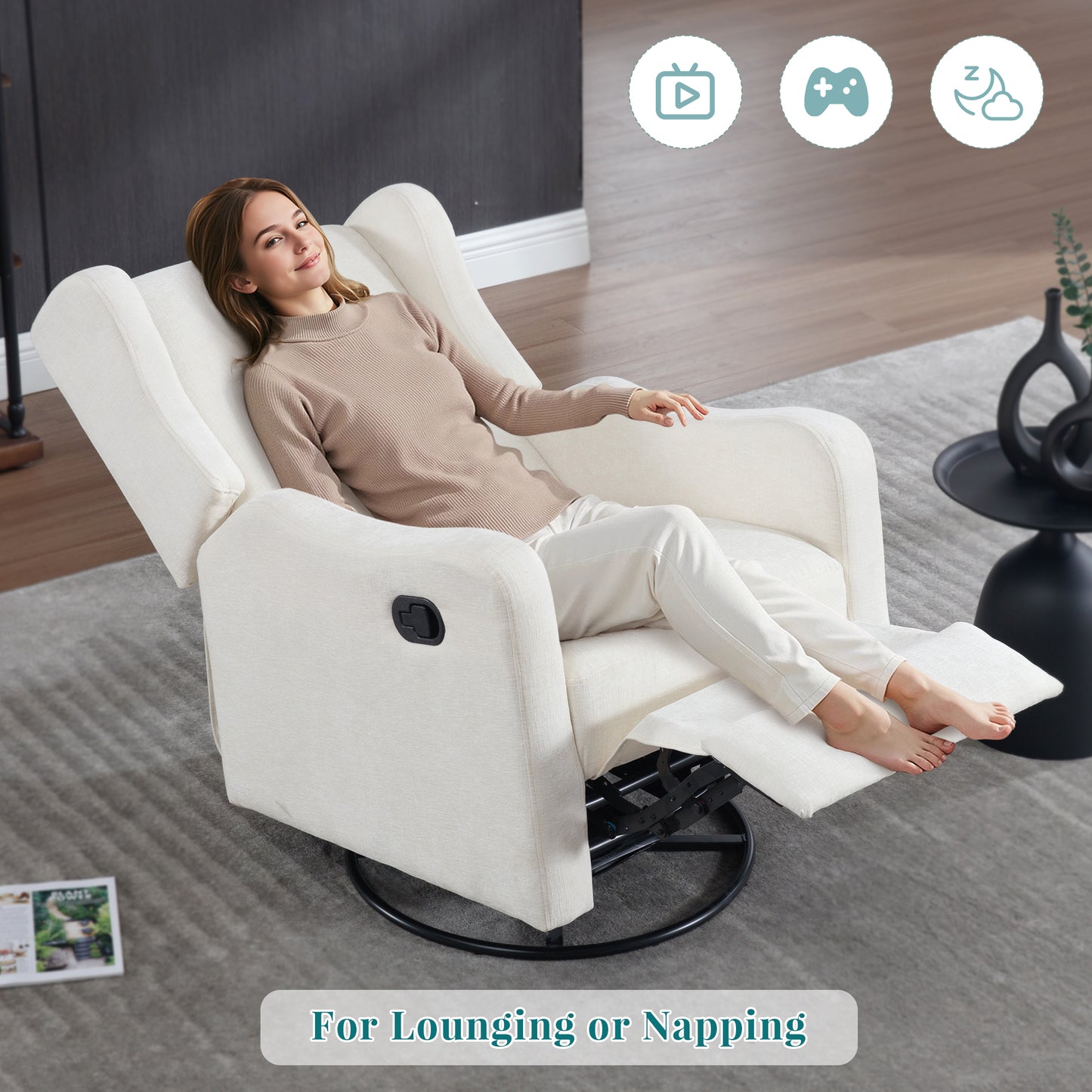 Muumblus Wingback Swivel Recliner, Glider Rocking Chair for Living Room, Nursery Rocker, Beige Chenille