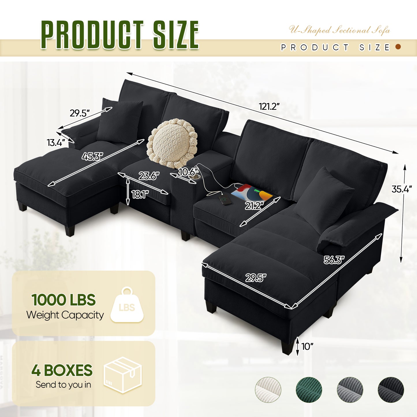Muumblus 120" U-Shaped Sectional Sofa with USB & Storage, Living Room 4-Seater Couch with Double Chaise Lounge, Cup Holders, Beige Corduroy