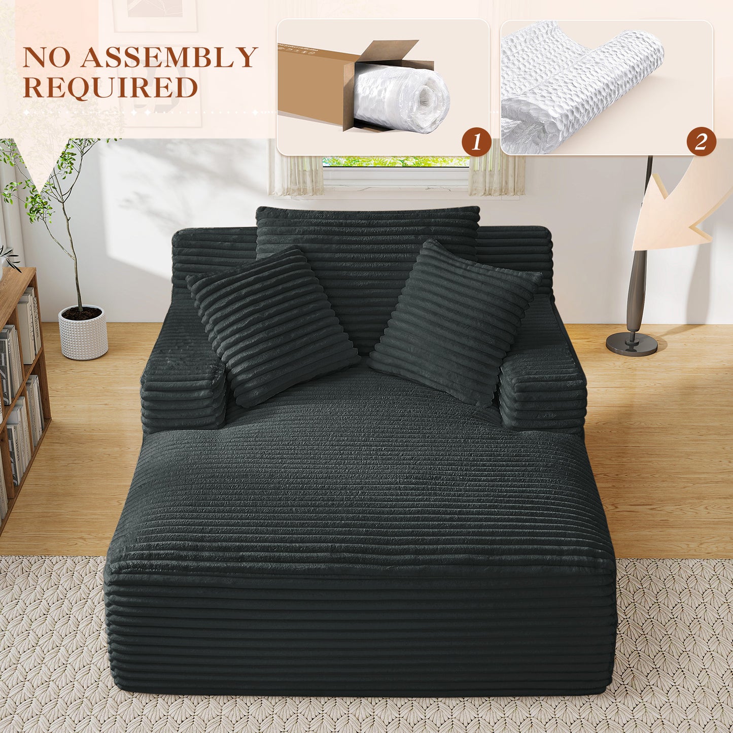 Muumblus Oversized Chaise Lounge Chiar Indoor Furniture, No Assembly Required, Plush Corduroy Upholstered Sofa Bed Cozy Sleeper Couch for Living Room, Bedroom