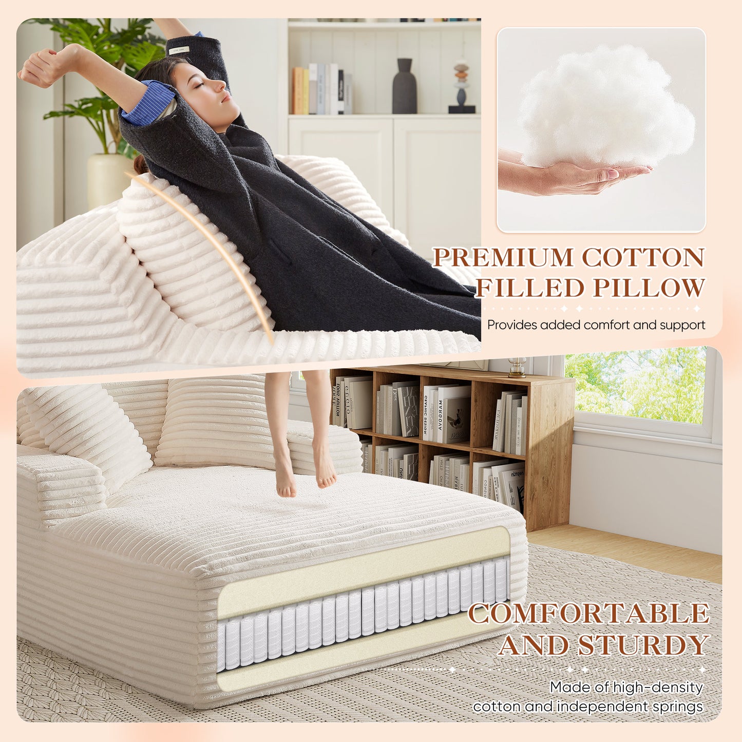 Muumblus Oversized Double Chaise Lounge Chair, Modern Indoor Boneless Cloud Sofa, Plush Corduroy Upholstered Modural Sectional Sleeper Couch for Living Room Apartment