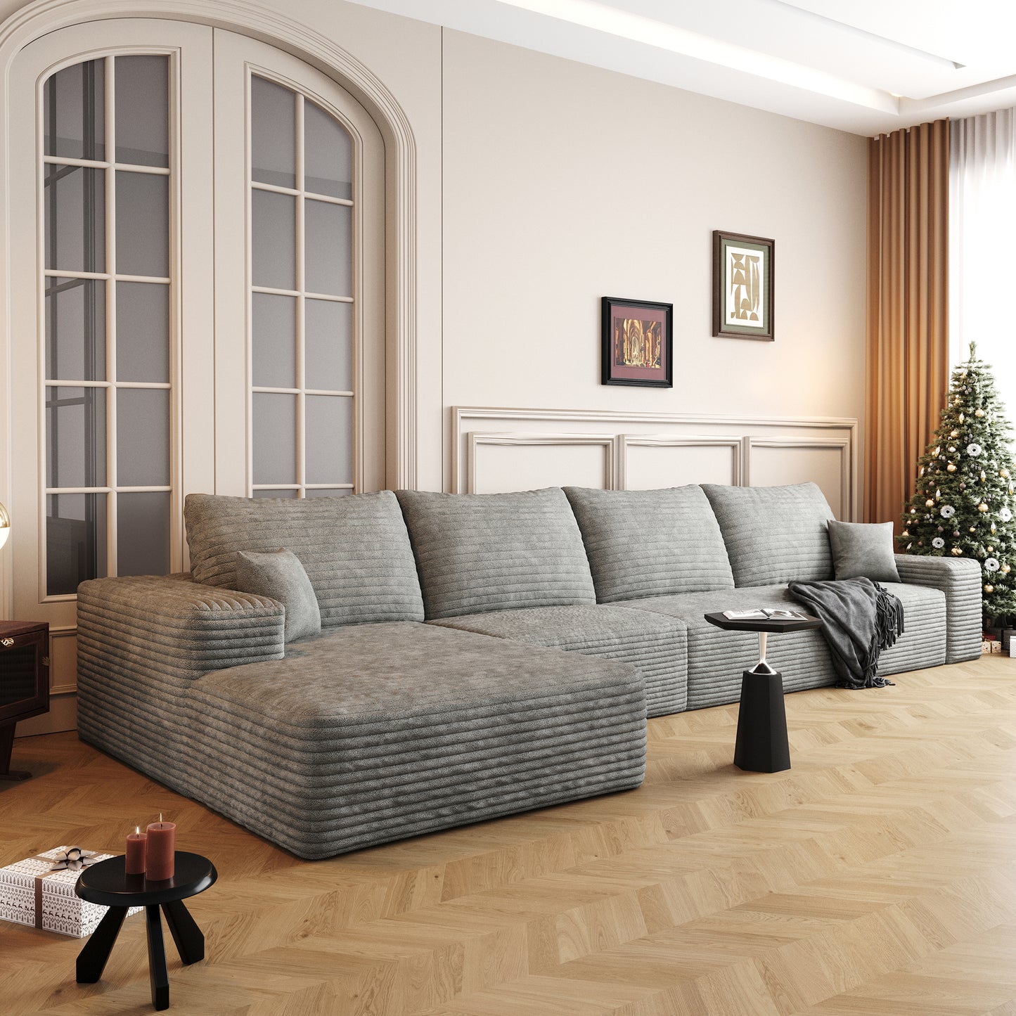 Muumblus 135" Cloud Sectional Sofa with Left Chaise, Cozy L-Shaped Modular Sofa, Plush Corduroy Sleeper Bed Couch, No Assembly Required, Black