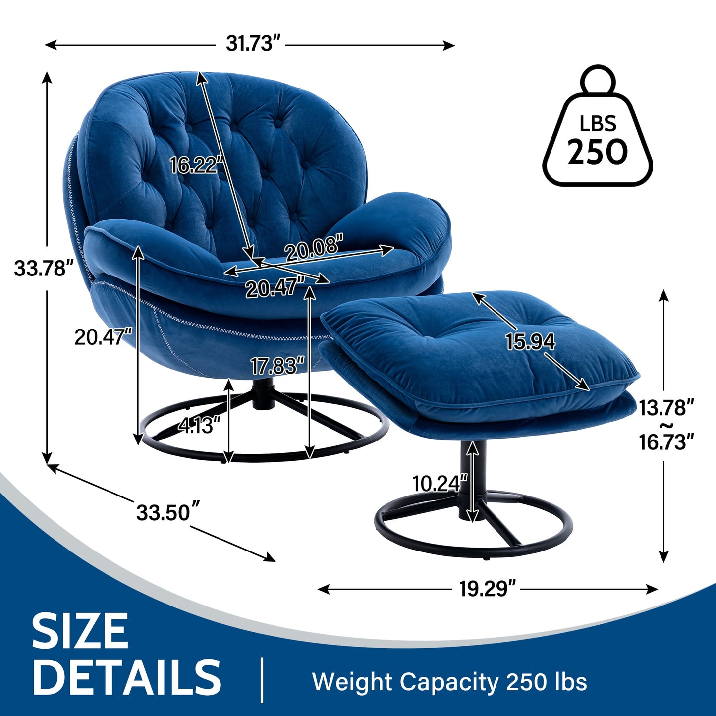 Muumblus Swivel Accent Chair with Ottoman, Modern Velvet Lounge Chair with Footrest, Comfy Armchair with 360 Degree Swiveling for Living Room, Blue
