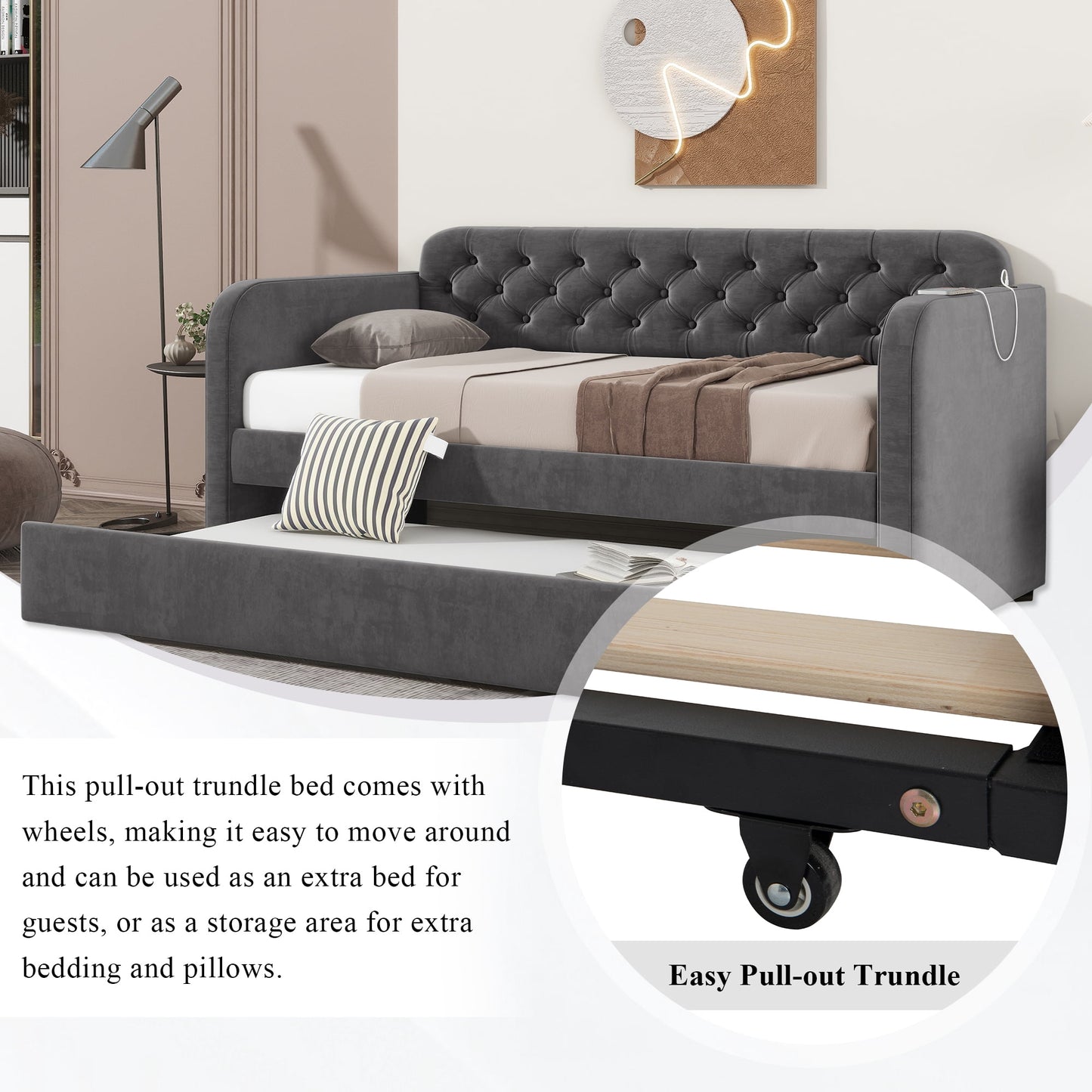 Muumblus Twin Size Daybed with Trundle Bed with USB Ports, Modern Velvet Tufted Bed Frame for Bedroom, Not Box Spring Required, Dark Gray