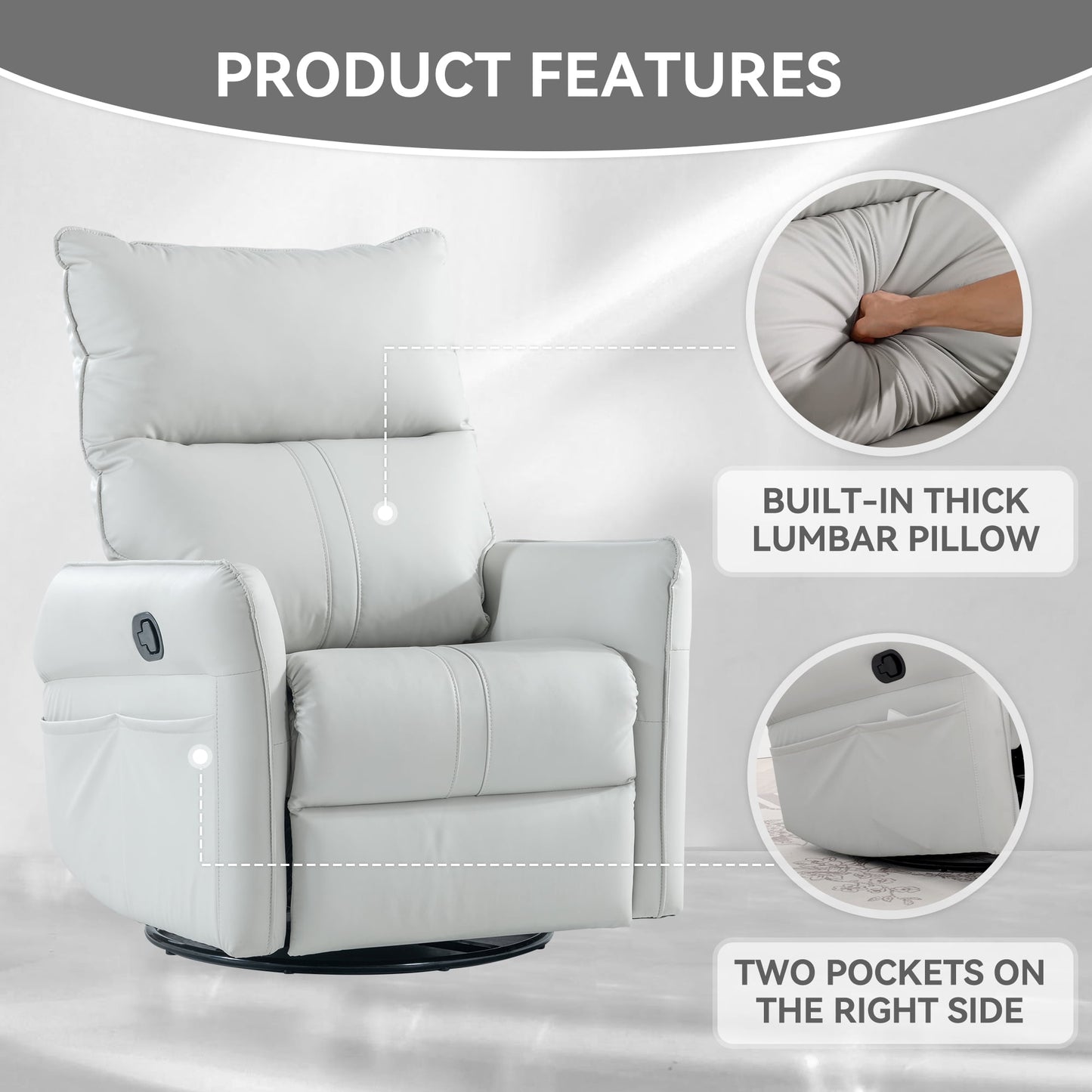 Muumblus Leather Swivel Glider Recliner Chair for Baby Nursery, Modern Upholstered Glider Rocker for Living Room, Bedroom, Light Gray