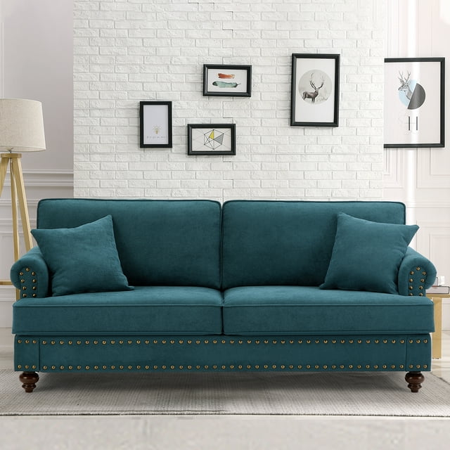 Muumblus Mid-Century Upholstered Sofa Couch, 3 Seater Sofa with Nailhead, 82" Chenille Living Room Sofa, Lake Green