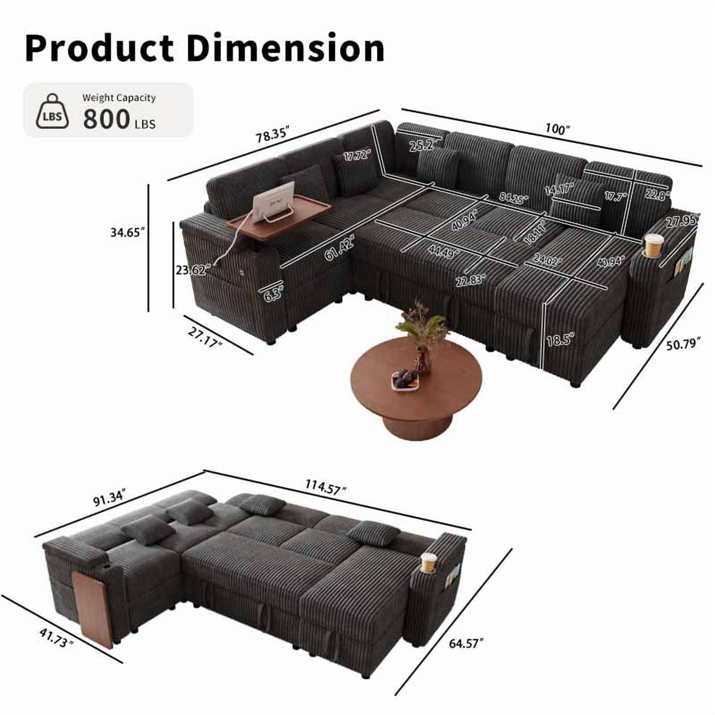 Muumblus Convertible Sectional Sleeper Sofa Bed with Side Table & Storage, Adjustable Back, Pull Out/Futon Corner Couch for Living Room, Dark Gray Corduroy