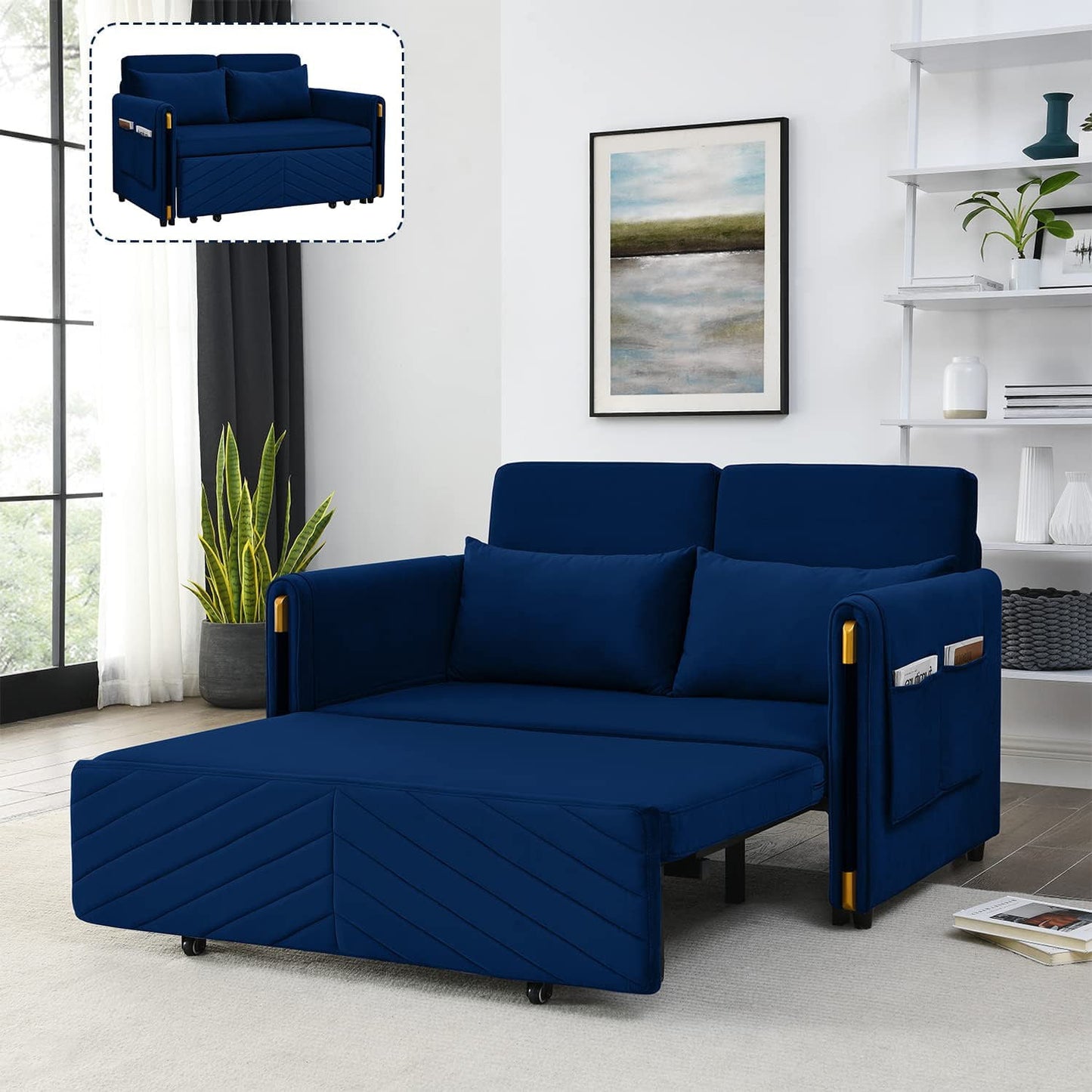 Muumblus 54" Pull Out Sleeper Sofa, Modern Velvet Convertible Loveseat Sleeper with Pull Out Bed for Living Room, Grey