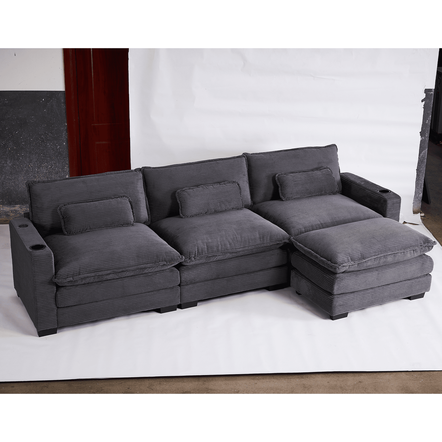 Muumblus 117.7" Corduroy Sectional Sofa with Reversible Ottoman, L-Shaped Couch with Chaise, 3-Seater Sleeper Couch for Living Room, Gray
