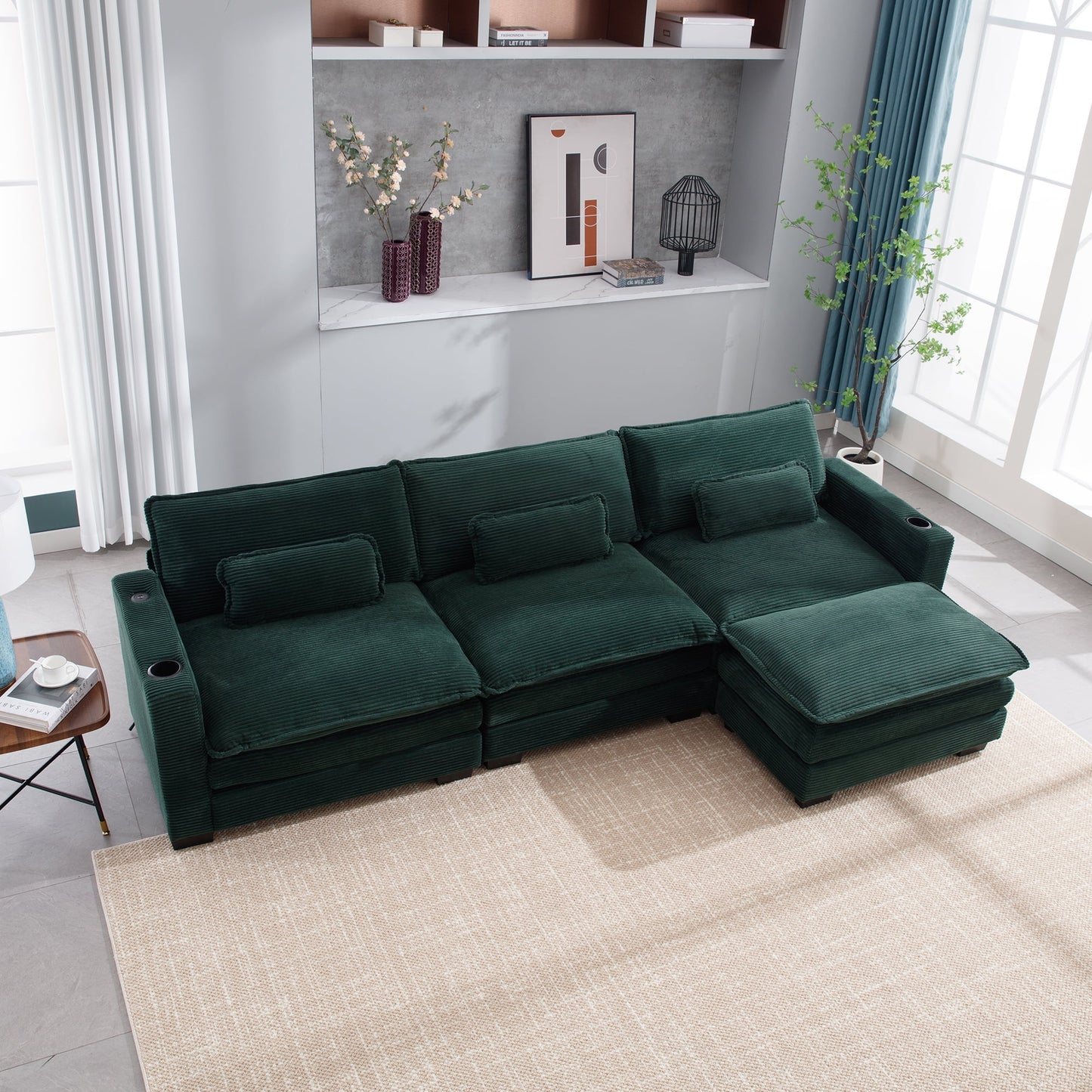 Muumblus 120" Sectional Modular Sofa with USB, Corduroy L-Shaped Couch with Reversible Ottoman, Black