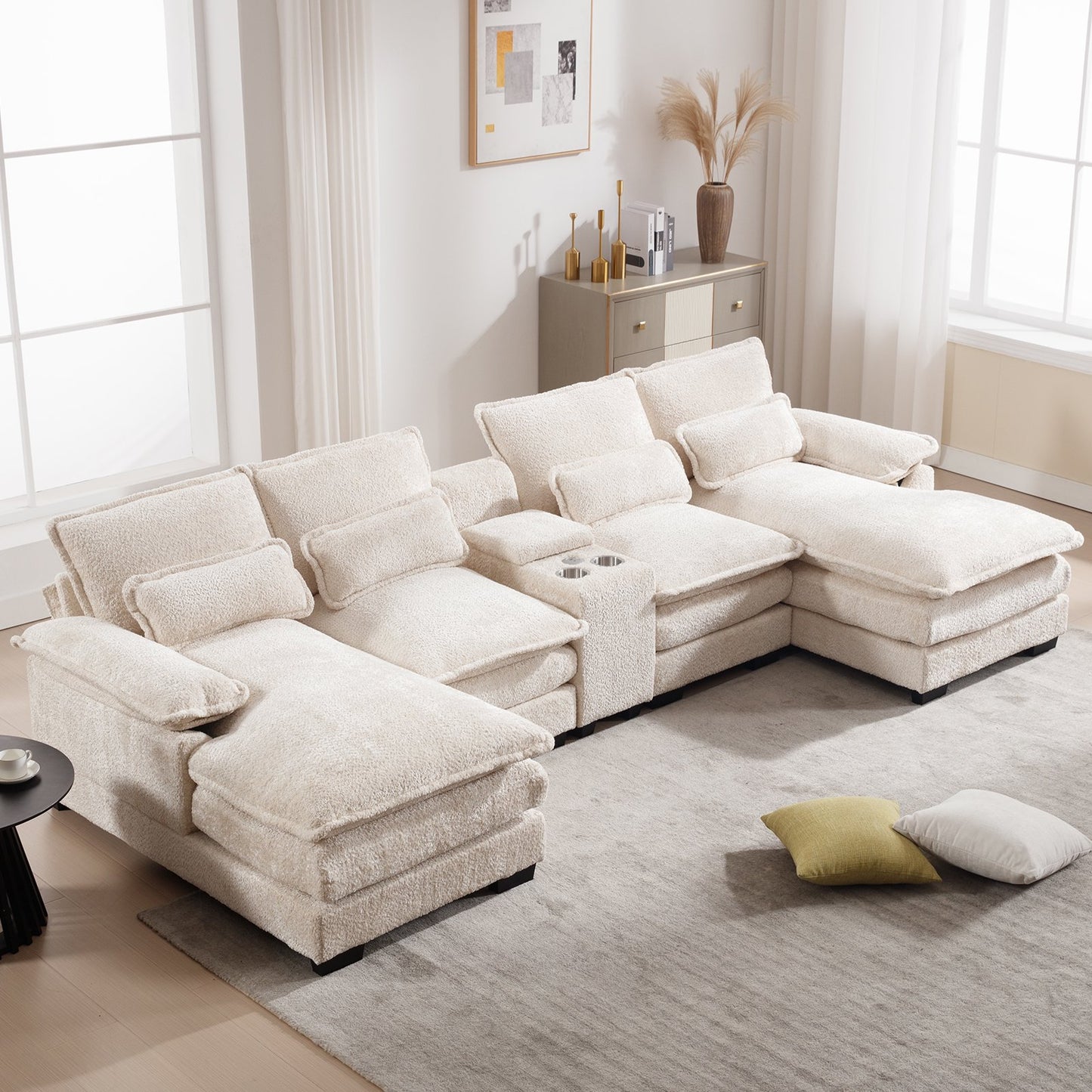 Muumblus 123" Sectional Modular Sofa with Storage Console, Oversized Chenille U-Shaped Couch, Gray