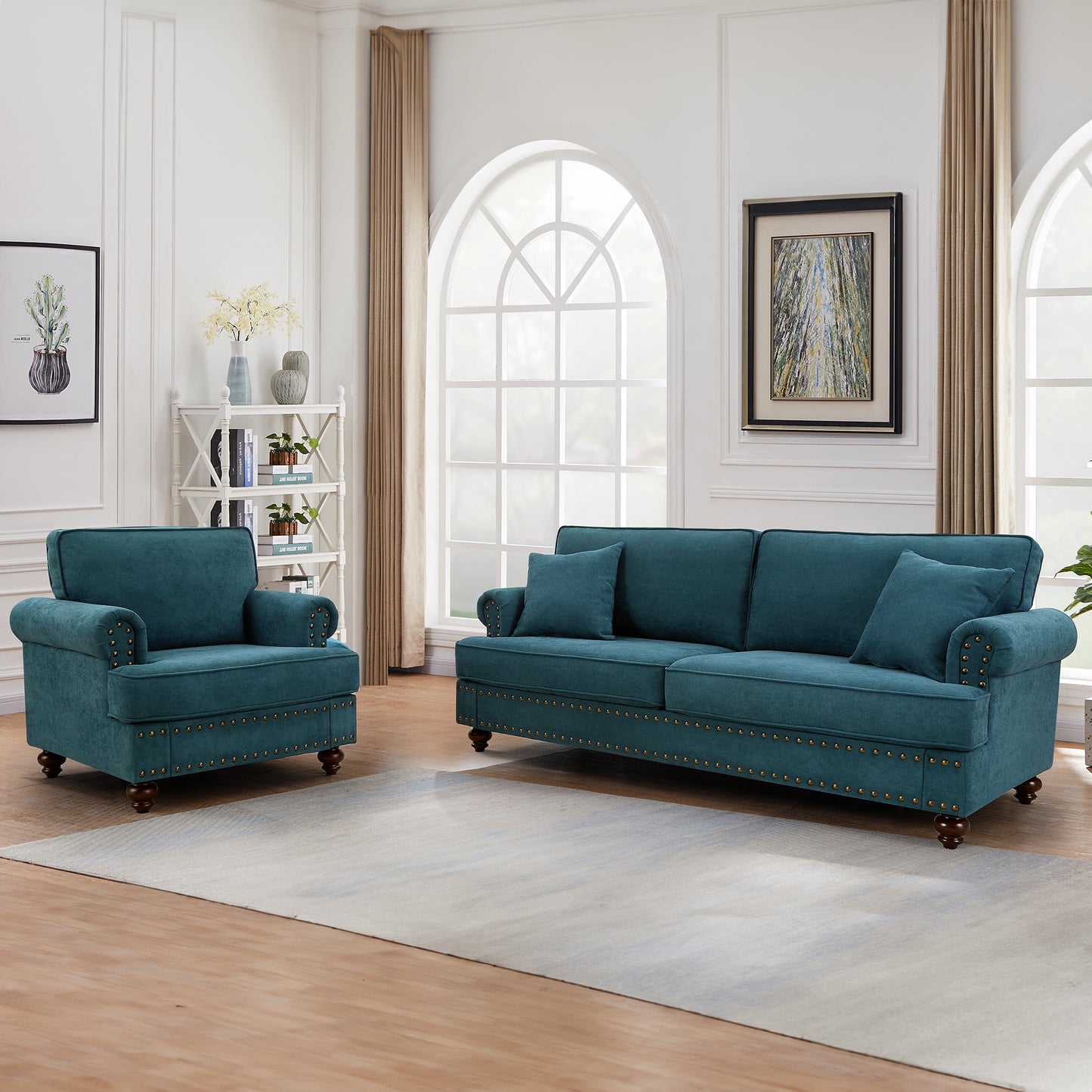Muumblus 2 Pieces Chenille Living Room Furniture Sets , Single Sofa Chair and Sofa Set, White