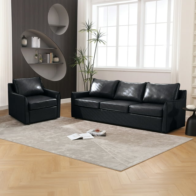 Muumblus 2 Pieces Modern Mid-Century Living Room Sofa Sets, Loveseat Sofa and 3 Seater Sofa Couch, Brown Faux Leather
