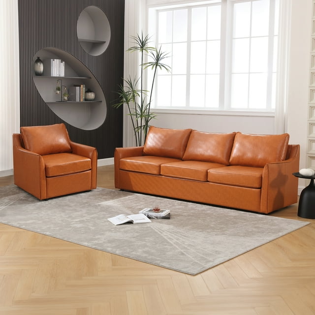 Muumblus 2 Pieces Modern Mid-Century Living Room Sofa Sets, Loveseat Sofa and 3 Seater Sofa Couch, Brown Faux Leather