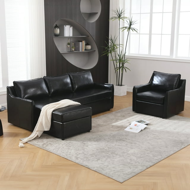 Muumblus 2 Pieces Modern Mid-Century Living Room Sofa Sets, Loveseat Sofa and 3 Seater Sofa Couch, Brown Faux Leather