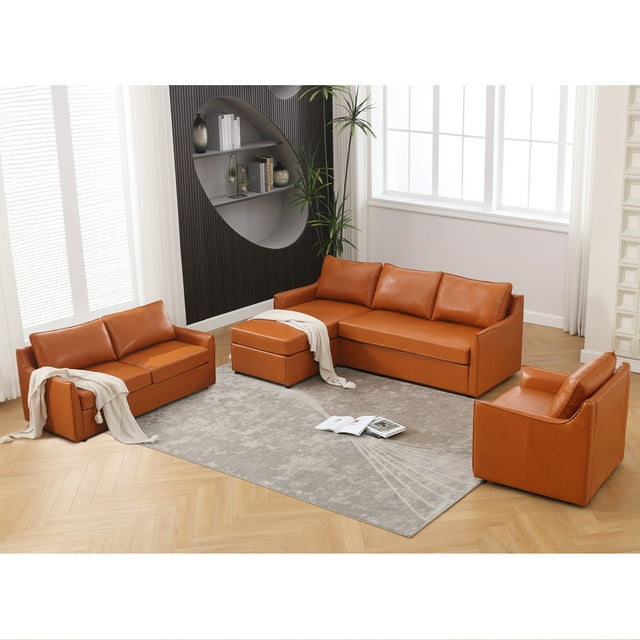 Muumblus 2 Pieces Modern Mid-Century Living Room Sofa Sets, Loveseat Sofa and 3 Seater Sofa Couch, Brown Faux Leather
