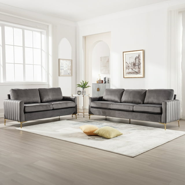 Muumblus 2 Pieces Velvet Living Room Sets, Modern 2 Seater Loveseat Sofa and 3 Seater Sofa Couch, Beige