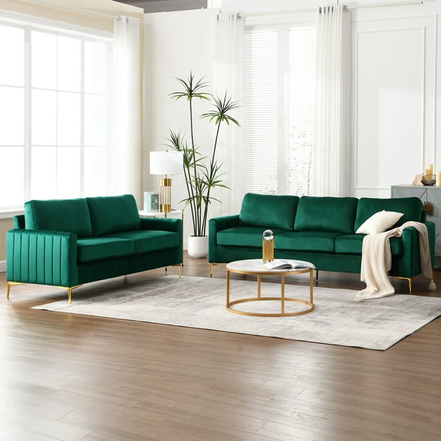 Muumblus 2 Pieces Velvet Living Room Sets, Modern 2 Seater Loveseat Sofa and 3 Seater Sofa Couch, Beige