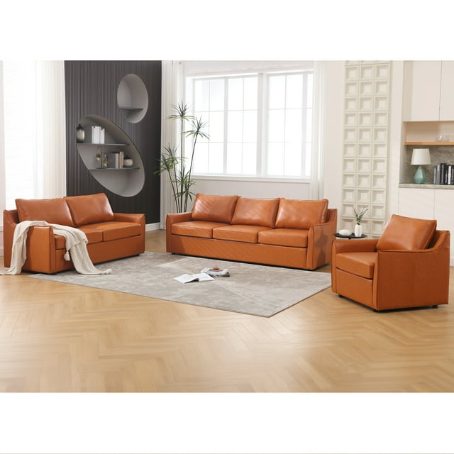 Muumblus 2 Pieces Modern Mid-Century Living Room Sofa Sets, Loveseat Sofa and 3 Seater Sofa Couch, Brown Faux Leather