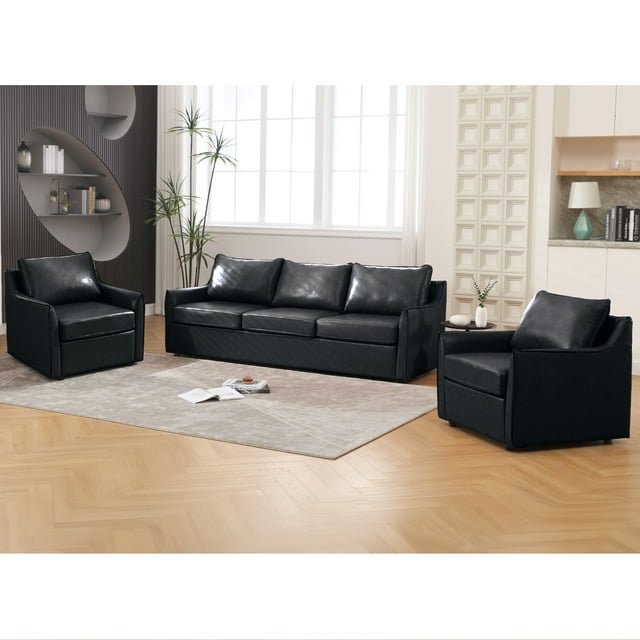 Muumblus 2 Pieces Modern Mid-Century Living Room Sofa Sets, Loveseat Sofa and 3 Seater Sofa Couch, Brown Faux Leather