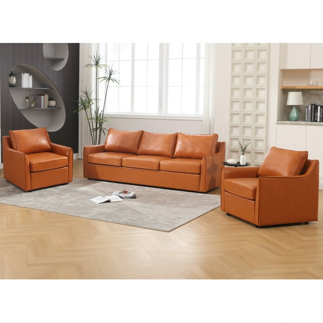 Muumblus 2 Pieces Modern Mid-Century Living Room Sofa Sets, Loveseat Sofa and 3 Seater Sofa Couch, Brown Faux Leather