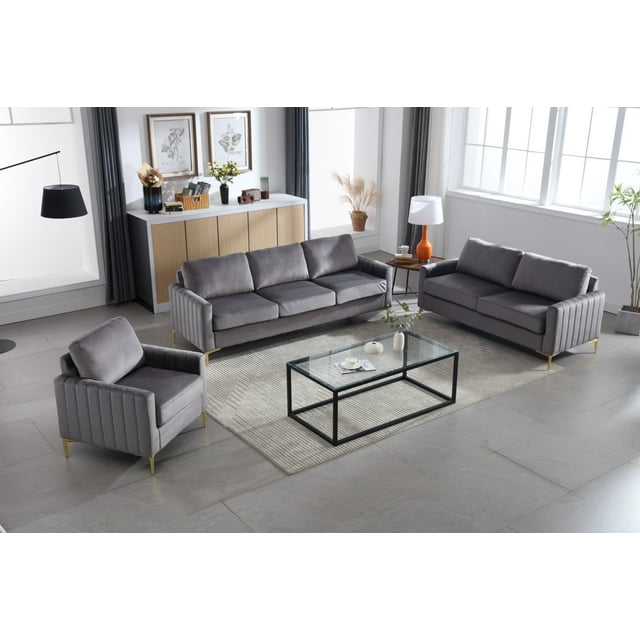 Muumblus 3 Pieces Velvet Living Room Furniture Sets, Modern 1 Seater Sofa Chair and 2 Seater Loveseat Sofa and 3 Seater Sofa Couch, Green