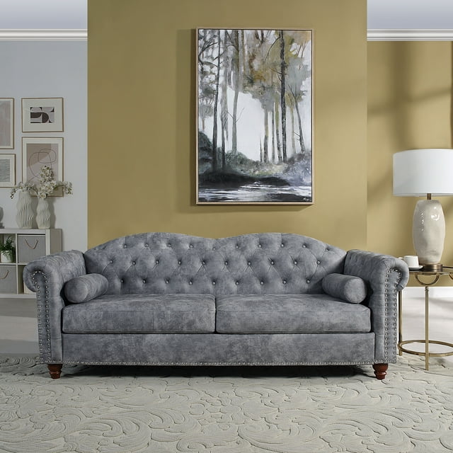 Muumblus 3 Seater Sofa, Chesterfield Sofa with Nailhead Accent Scrolled Arms, 81" Tufted Upholstered Sofa Couch for Living Room, White, Sherpa
