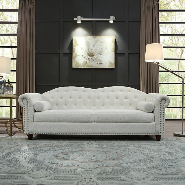 Muumblus 3 Seater Sofa, Chesterfield Sofa with Nailhead Accent Scrolled Arms, 81" Tufted Upholstered Sofa Couch for Living Room, White, Sherpa