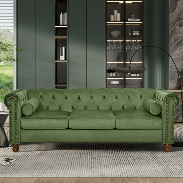 Muumblus 3-Seater Sofa for Living Room, 80.3" Chesterfield Tufted Sofa Couch, Brown Faux Leather