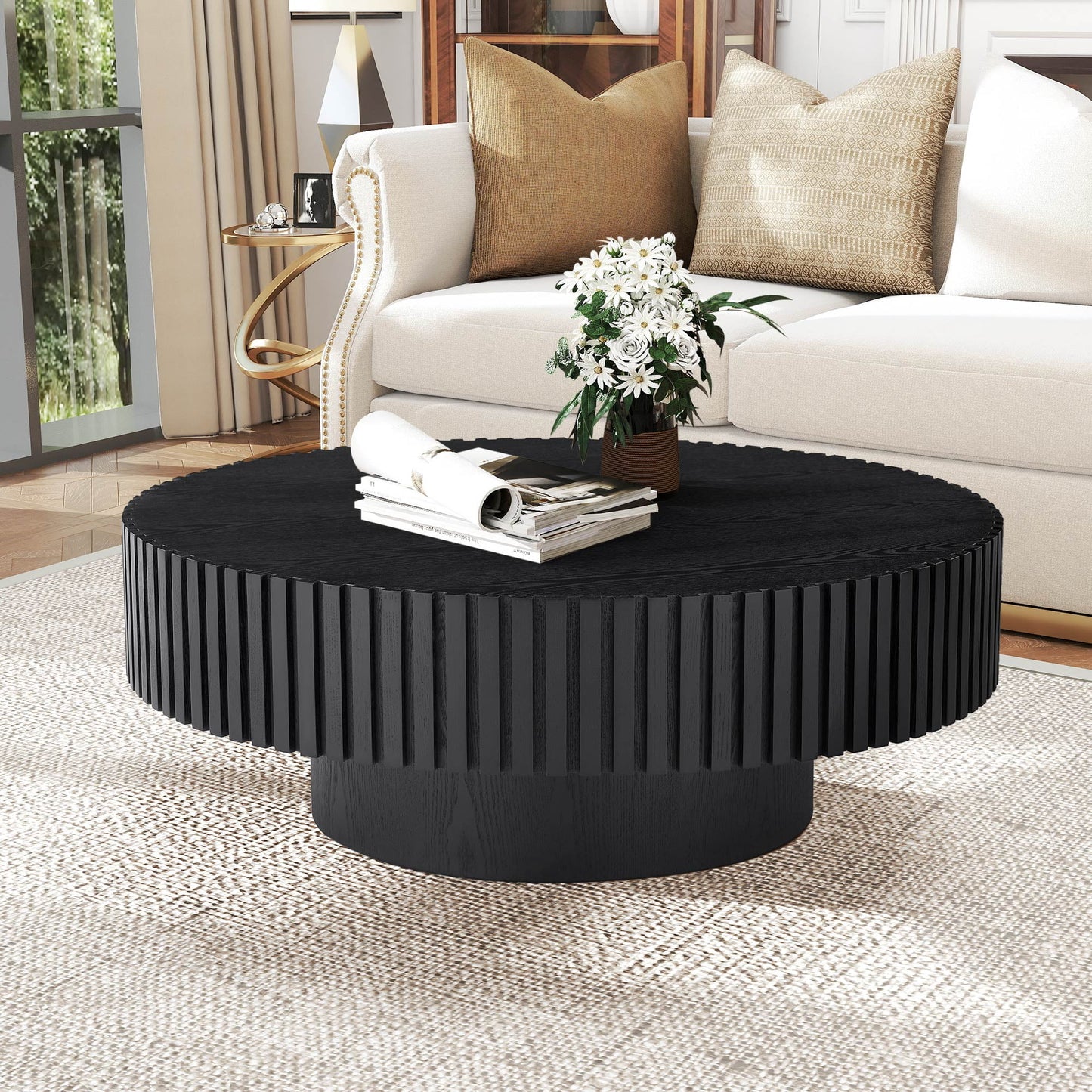 Muumblus Round Wood Coffee Table, Modern Unique Fluted Accent Center Table for Living Room, Black