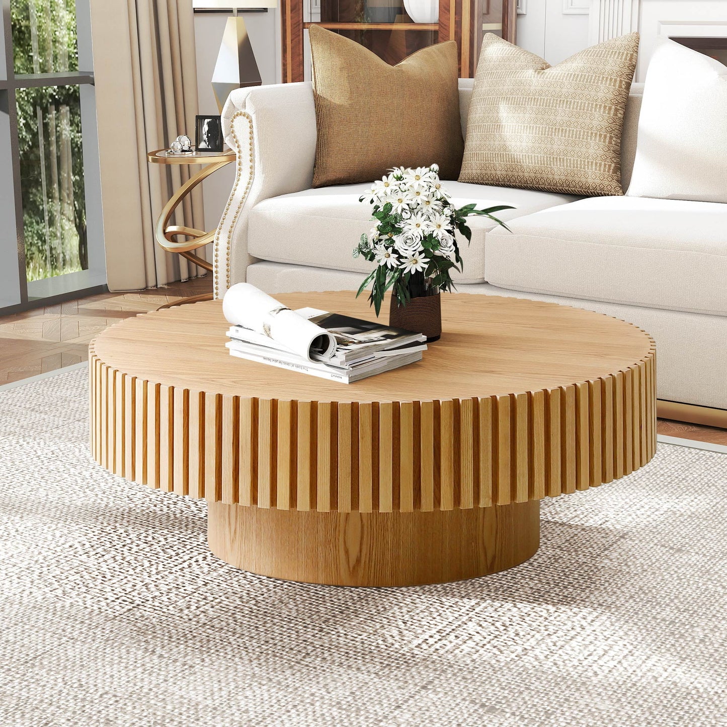 Muumblus Round Wood Coffee Table, Modern Unique Fluted Accent Center Table for Living Room, Black