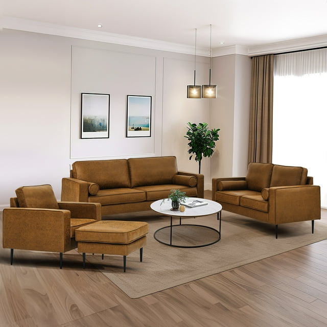 Muumblus 4 Pieces Living Room Sofa Set, Accent Chair and Loveseat Sofa and 3-Seater Sofa and Ottoman, Brown Faux Leather