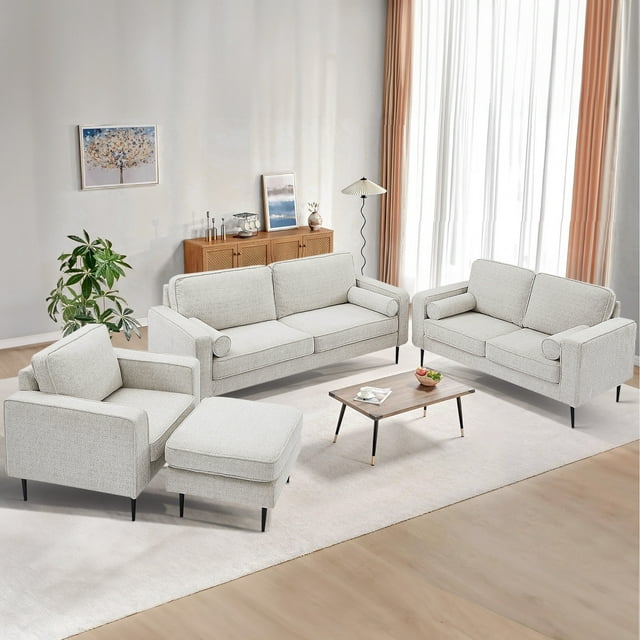 Muumblus 4 Pieces Living Room Sofa Set, Accent Chair and Loveseat Sofa and 3-Seater Sofa and Ottoman, Brown Faux Leather